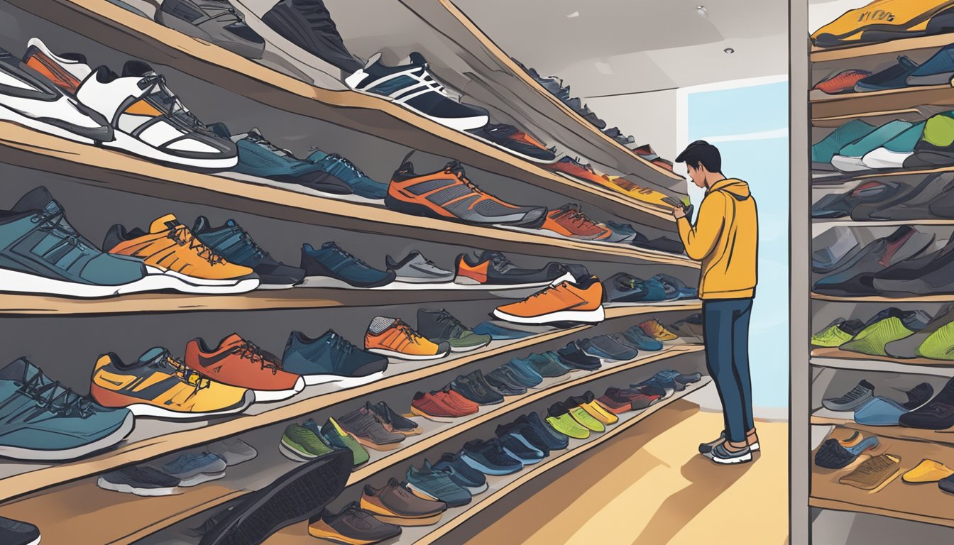 A customer examining Salomon shoes at an outdoor gear store in Singapore, surrounded by shelves of various footwear options