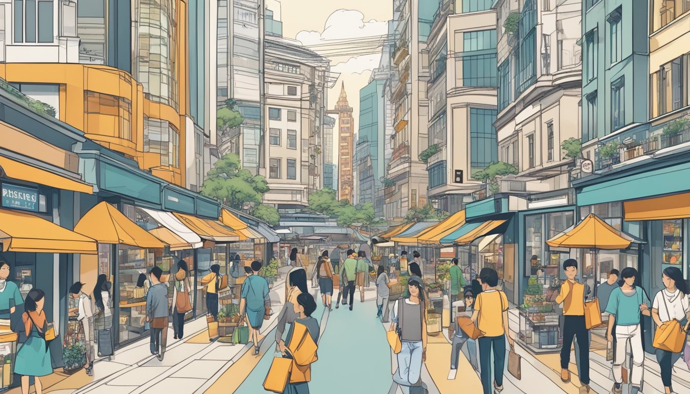 A bustling city street with prominent signages of various stores and shops, with people carrying shopping bags and looking for places to purchase P-plates in Singapore