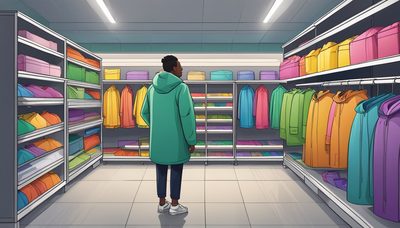 A person stands in a store, surrounded by various raincoats on display. The shelves are neatly organized, and the lighting is bright, highlighting the different colors and styles available