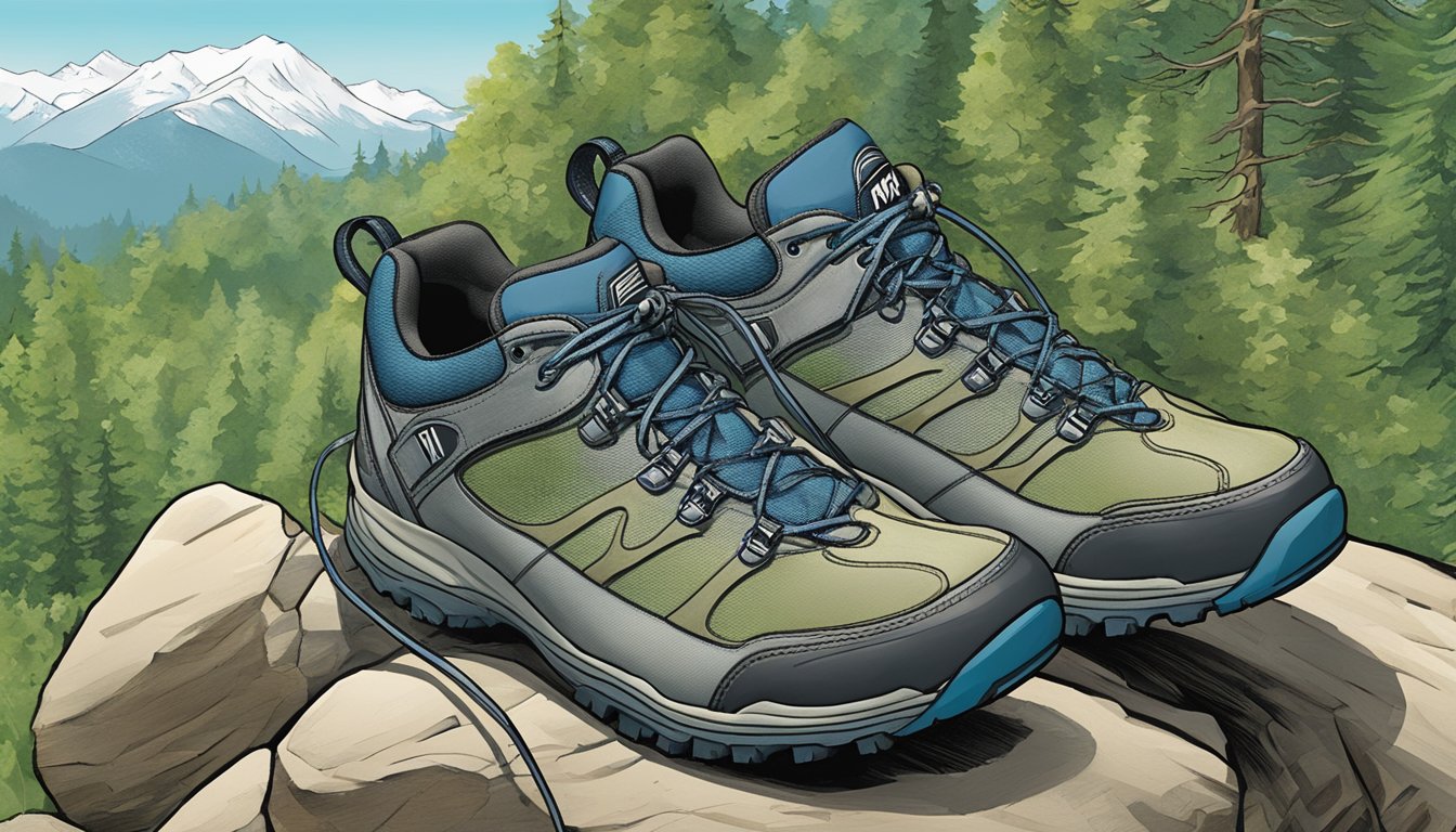 A pair of rugged, durable MBT shoes sits atop a rocky mountain trail, surrounded by lush greenery and a clear blue sky