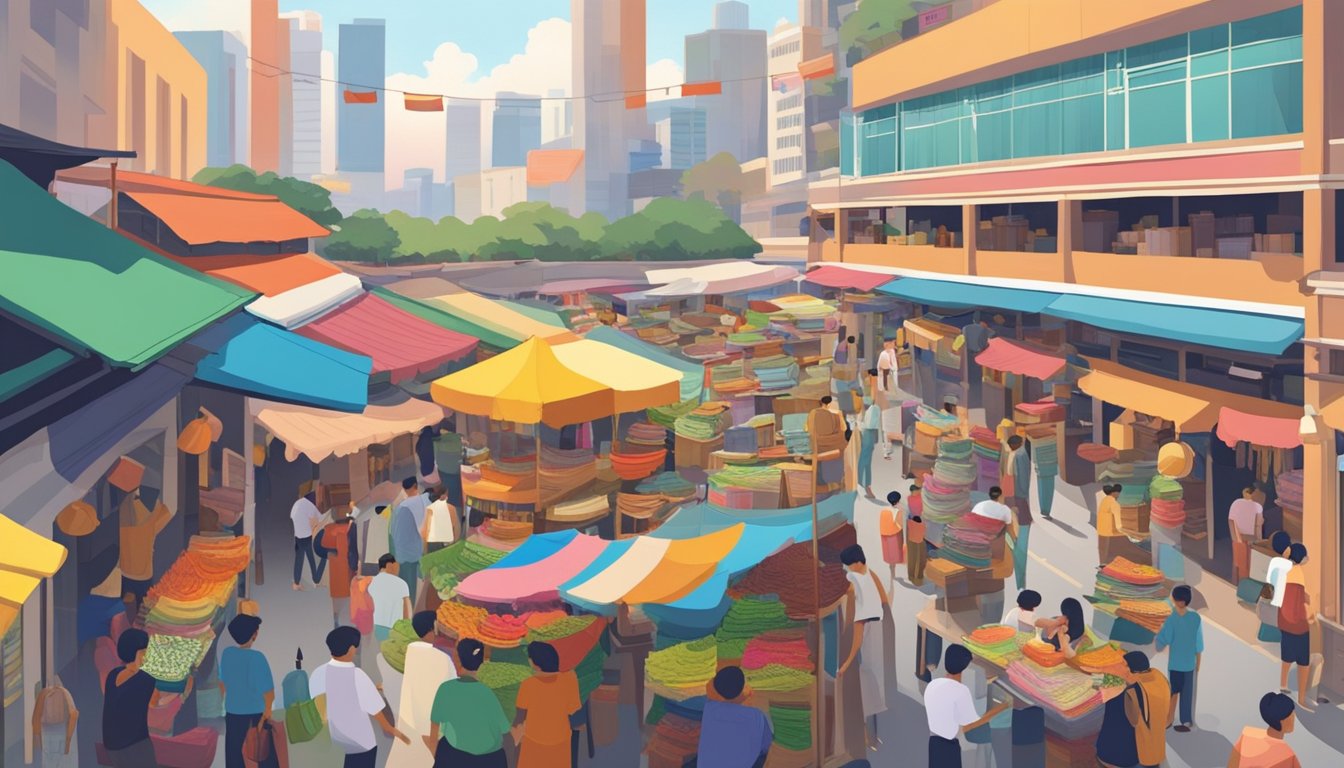 A bustling market in Singapore, with colorful rugs stacked high. Customers haggle with vendors, surrounded by the vibrant sights and sounds of the city