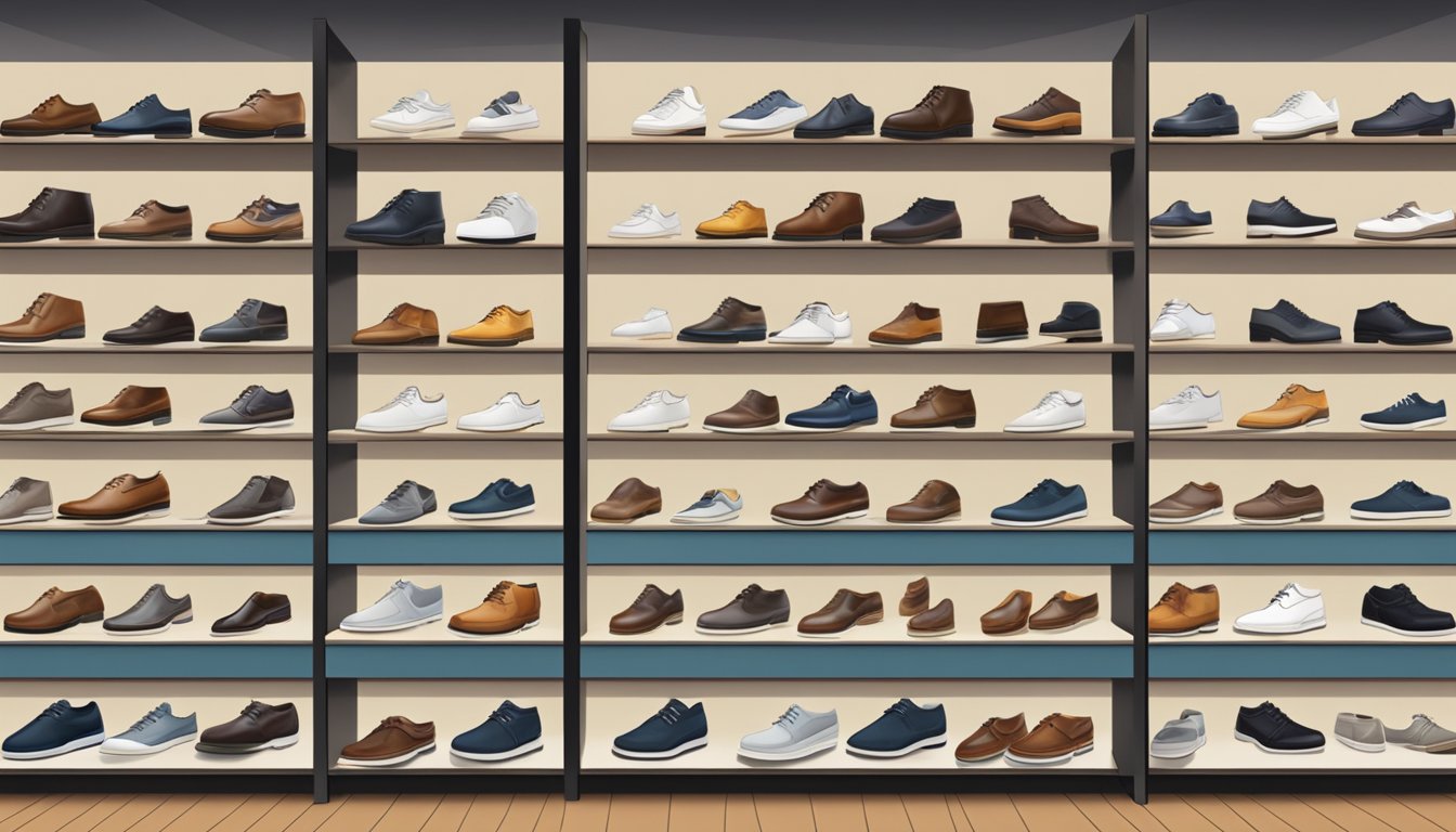 A display of various men's shoe brands from Australia, arranged neatly on shelves in a well-lit store
