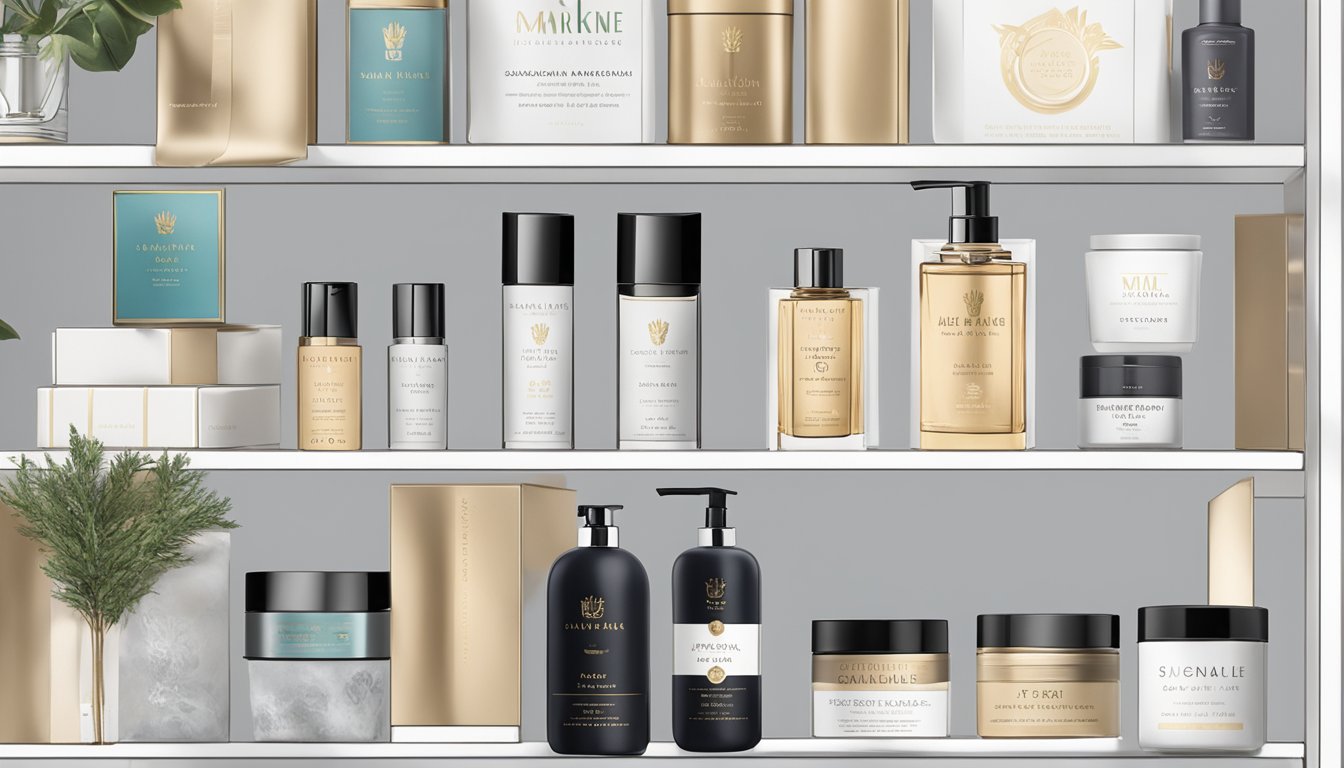 Meghan Markle's favorite brands displayed on a chic shelf with elegant packaging and logos, including sustainable fashion, ethical beauty, and luxury lifestyle products
