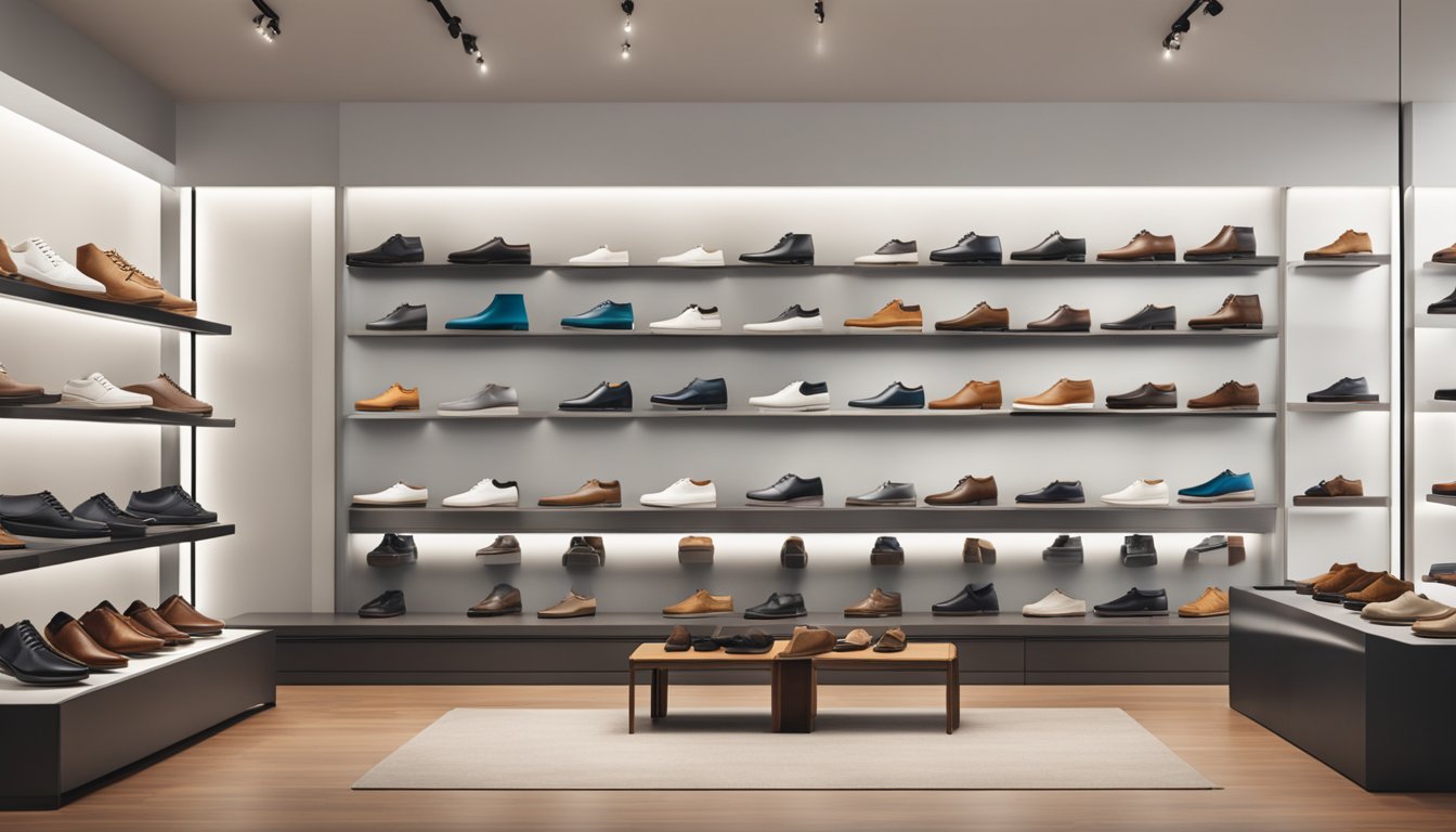 A display of top Australian men's shoe brands arranged on a sleek, modern shelf in a well-lit boutique setting