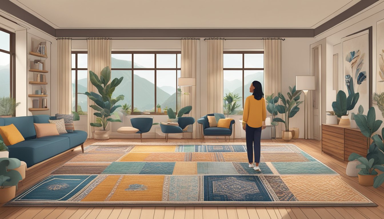 A person stands in a spacious room, surrounded by various rugs in different colors and patterns. They carefully compare the textures and sizes, trying to find the perfect rug for their space