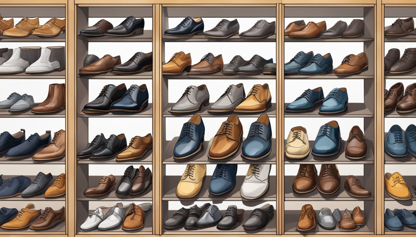 A display of various men's shoe brands from Australia, neatly arranged on shelves with clear signage for easy browsing