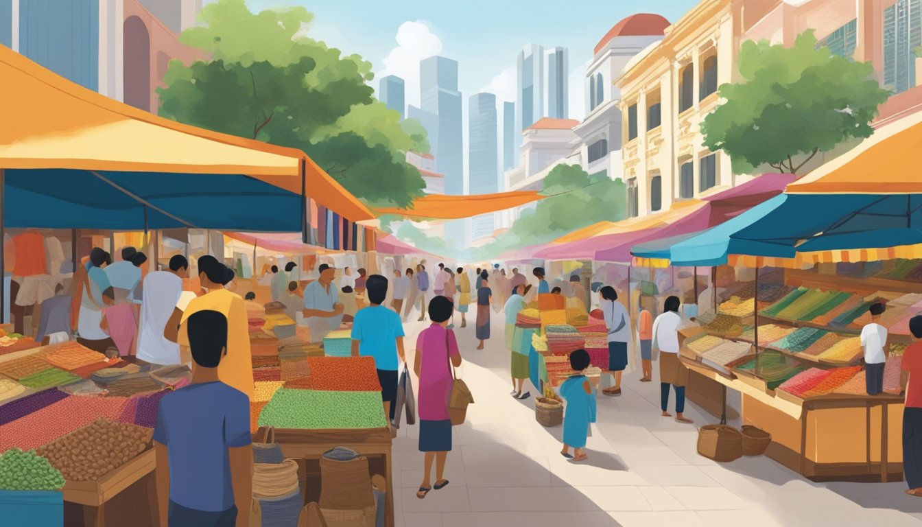 A bustling market street in Singapore, with colorful rug vendors displaying their wares under vibrant awnings. Shoppers browse the various patterns and textures, while the scent of exotic spices wafts through the air