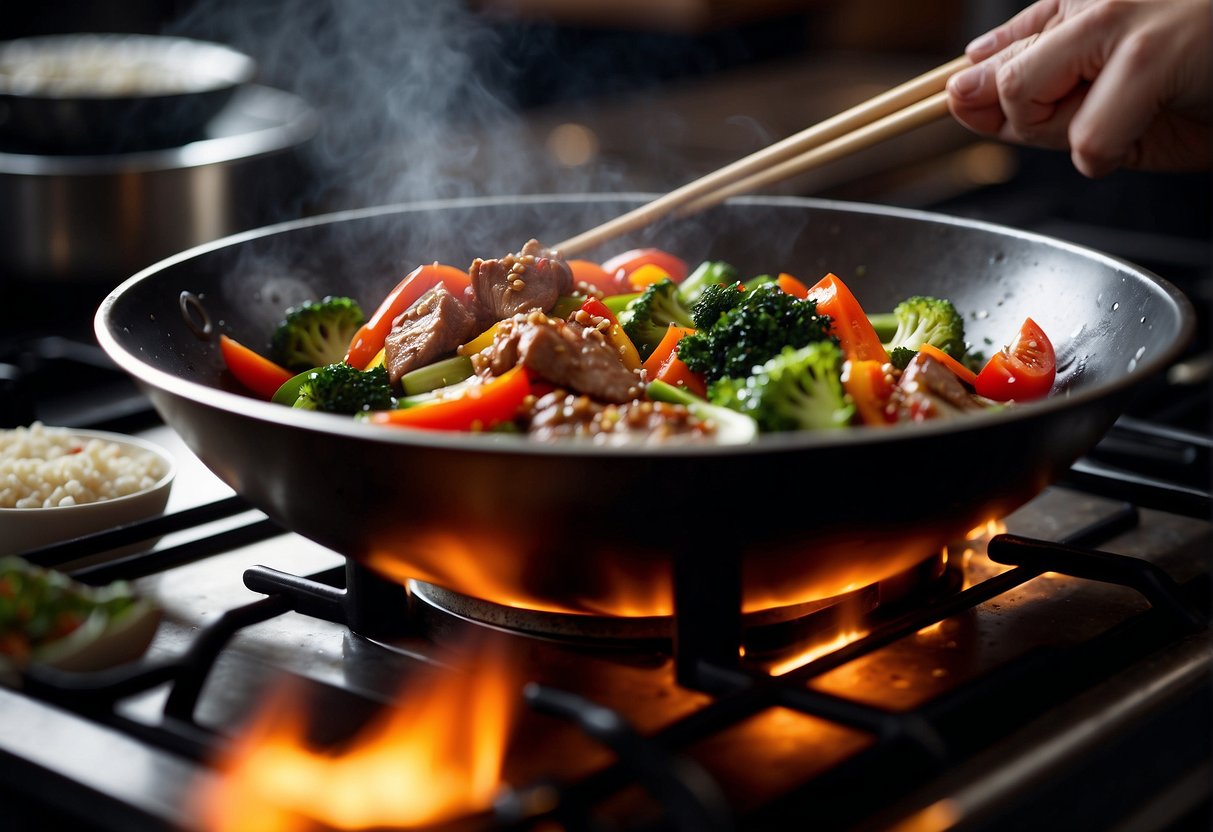 A wok sizzles with stir-fried veggies and meat. Steam rises as sauces are added. Chopsticks hover nearby
