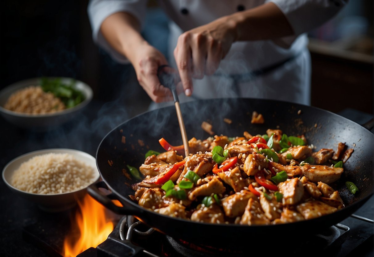 A wok sizzles with marinated chicken, stir-fried with ginger, garlic, and chili. Flames lick the edges as the chef adds a splash of soy sauce and a sprinkle of sesame seeds
