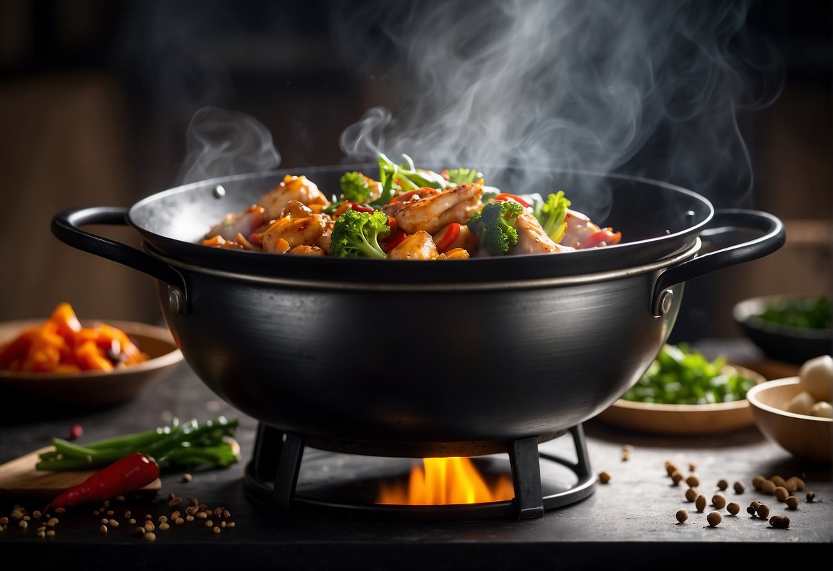 A wok sizzles with spicy marinated chicken, stir-frying in a burst of flames. A cloud of aromatic spices fills the air