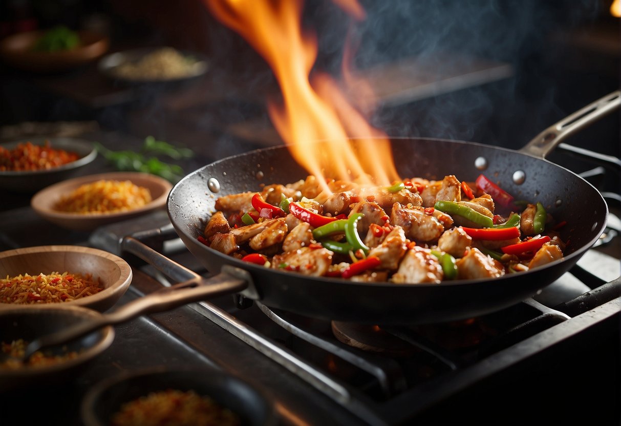 A wok sizzles over a hot flame, as chunks of marinated chicken, ginger, garlic, and chili peppers are tossed together, creating a spicy and aromatic fire chicken dish