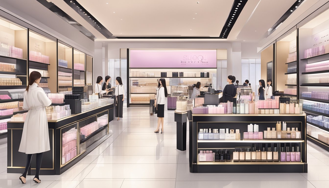 A bustling beauty department in a high-end Singaporean shopping mall, with elegant displays of Suqqu products and knowledgeable staff assisting customers