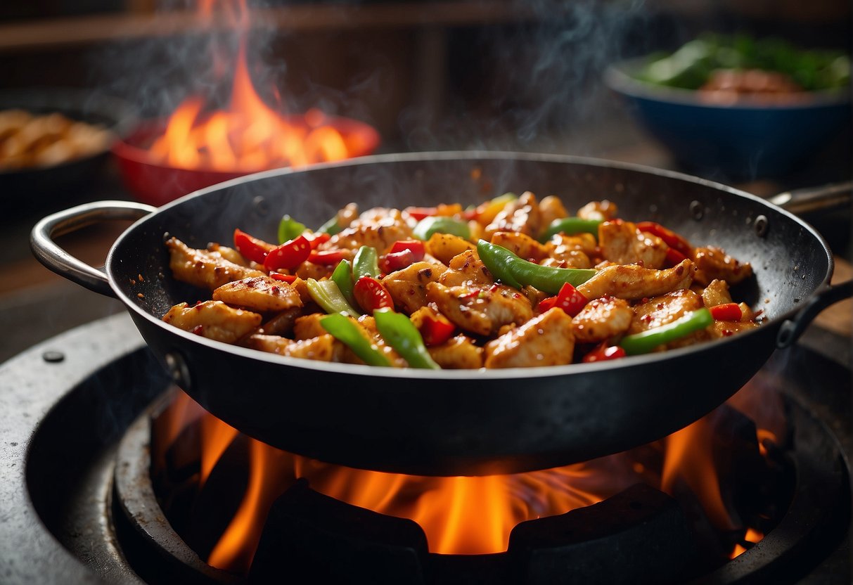 A wok sizzles over a high flame as chunks of marinated chicken are stir-fried with fiery red chili peppers, garlic, and ginger. The air is filled with the aroma of spicy Chinese fire chicken