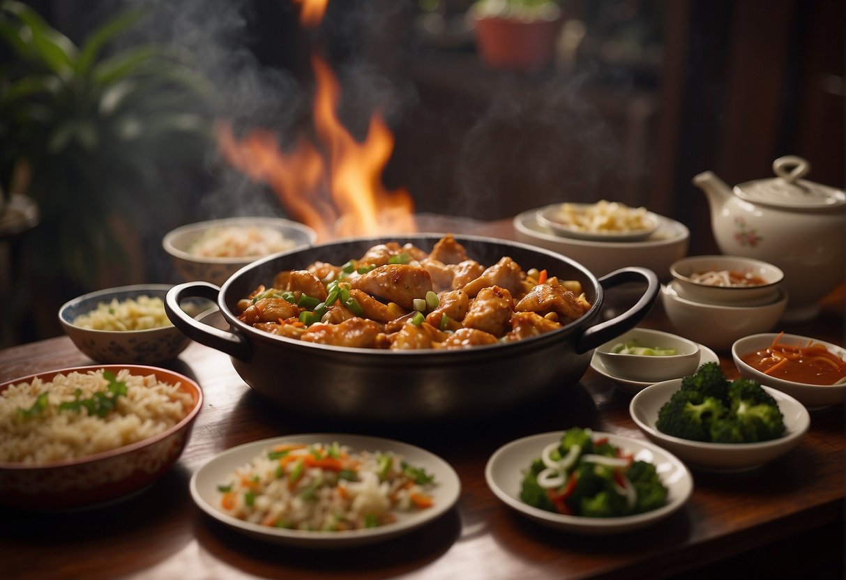 A sizzling fire chicken dish sits on a Chinese dining table, surrounded by traditional side dishes and a pot of steaming tea
