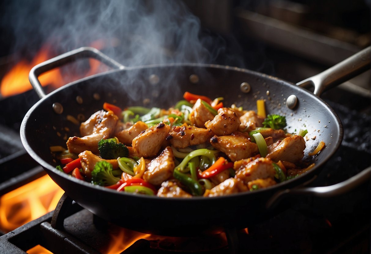 A wok sizzles as flames lick the marinated chicken, stir-fried with ginger, garlic, and chili. Aromatic steam rises from the spicy dish