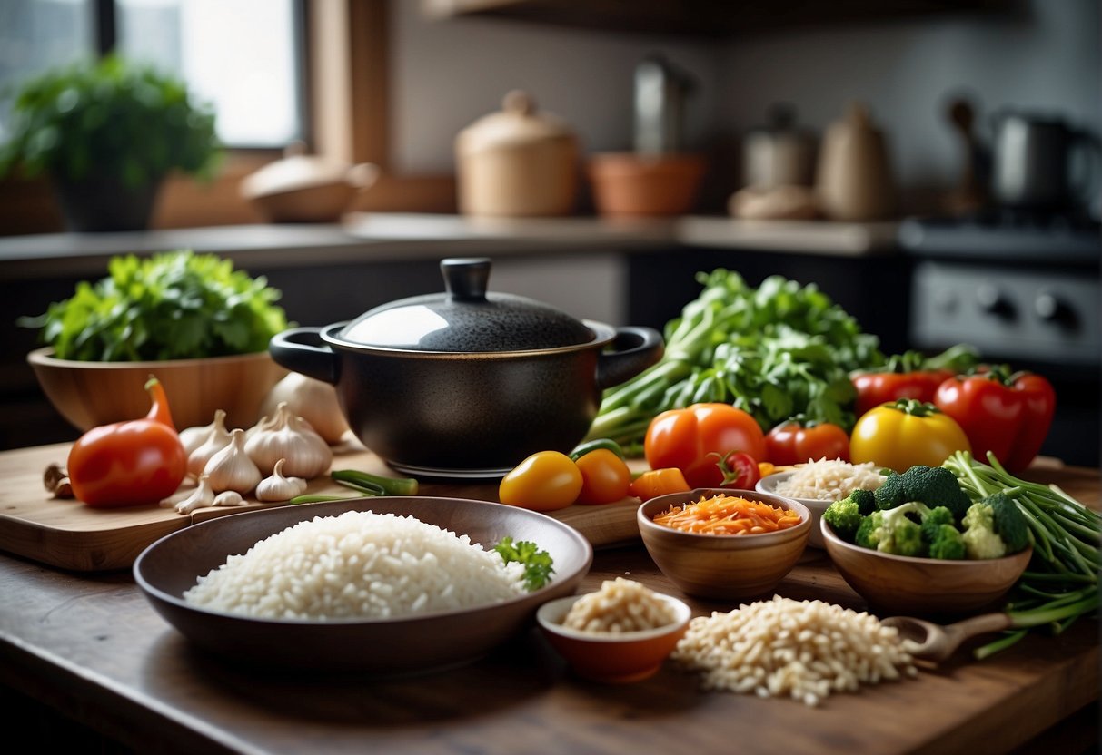 A cluttered kitchen counter with fresh vegetables, soy sauce, ginger, garlic, and a wok. A steaming pot of rice sits nearby