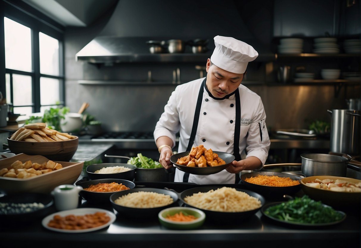 A chef mixes traditional Chinese ingredients to create a fiery chicken dish, surrounded by stacks of recipe books and a bustling kitchen