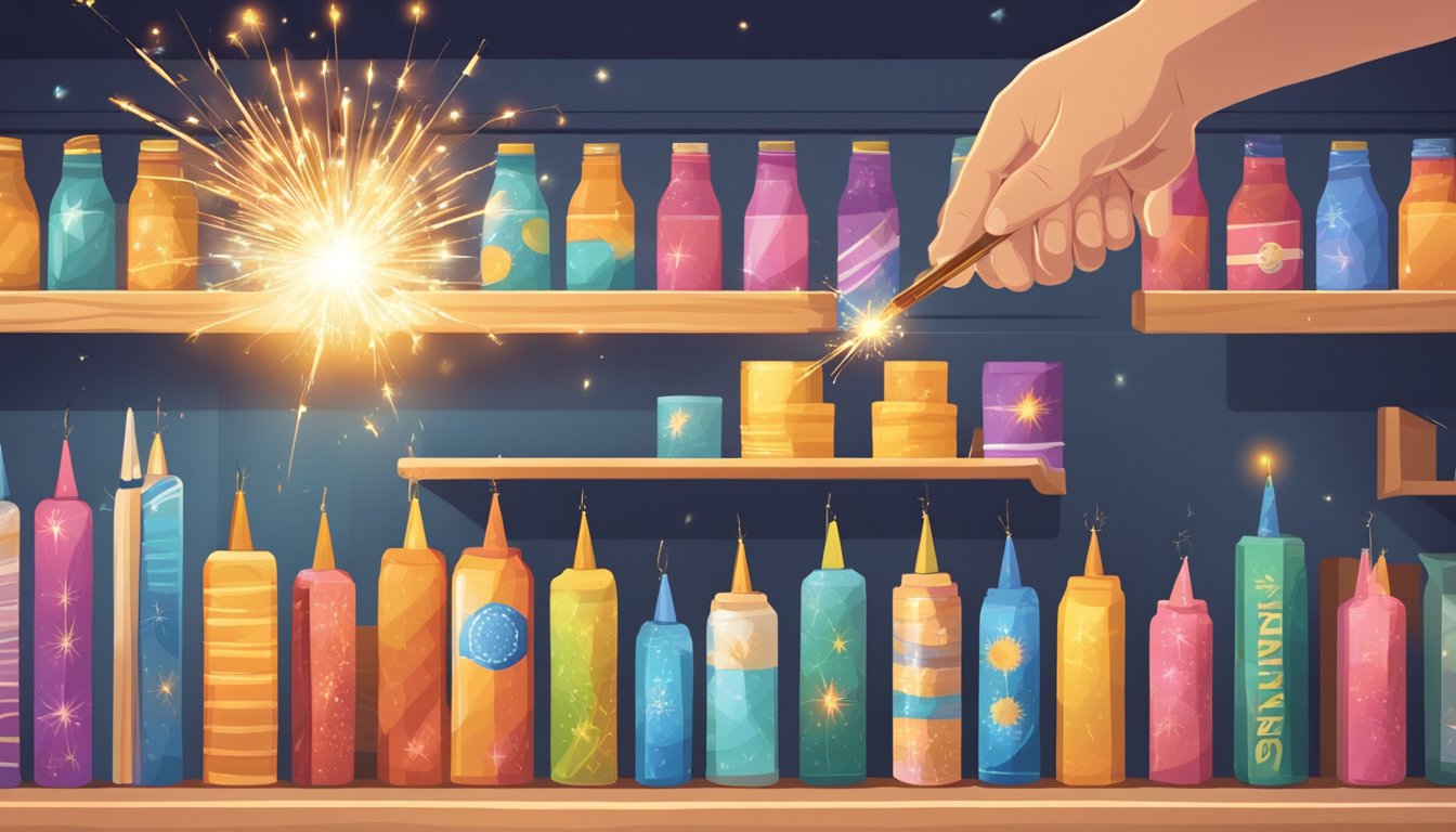 A hand reaches for sparklers on a shelf in a store, with various options displayed in the background