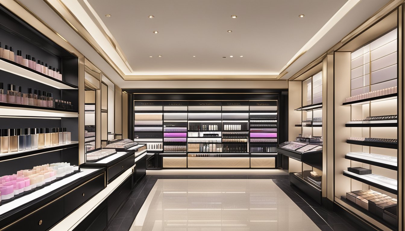 A luxurious makeup counter at a high-end department store in Singapore, showcasing SUQQU's elegant and sophisticated products. Shelves neatly lined with beautifully packaged cosmetics, with soft lighting highlighting the brand's presence