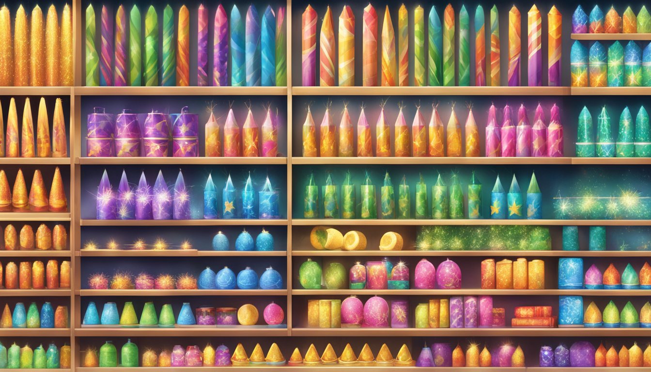 A bright display of sparklers on shelves at a Singaporean store, with colorful packaging and various sizes available