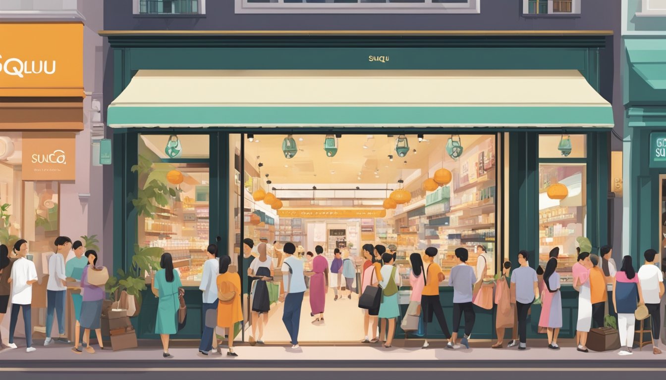 A bustling Singaporean street with vibrant storefronts, a prominent "Suqqu" sign, and a line of eager customers waiting to purchase the sought-after beauty products