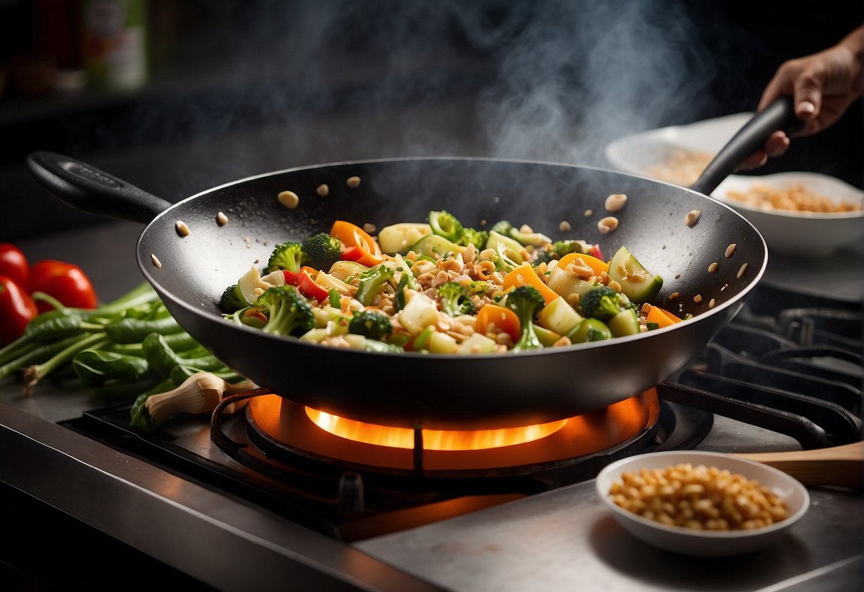 A wok sizzles over high heat as vegetables and protein are tossed and stirred with precision, emitting aromatic clouds of garlic and ginger