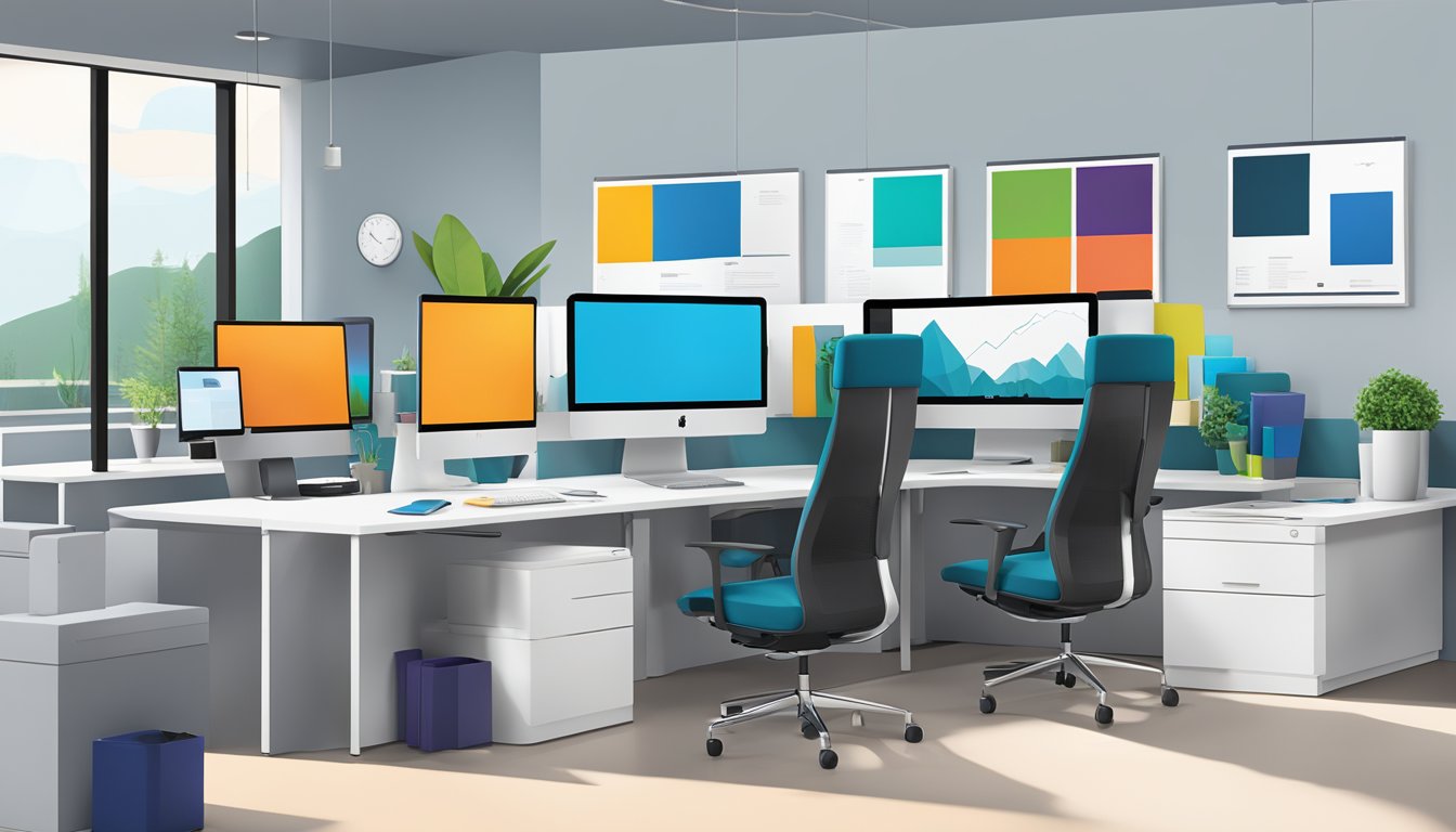 The scene features Microsoft brand colors in a modern office setting with digital devices and sleek furniture. The colors are prominently displayed in the company logo, marketing materials, and product packaging