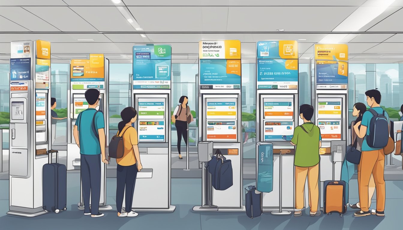 Passengers queue at a kiosk labeled "Sim Card Purchase" in Singapore airport. Signs display various service options and amenities nearby