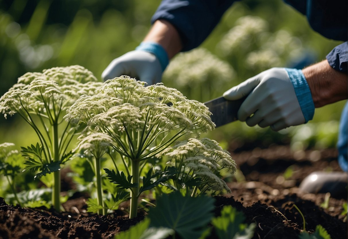Giant hogweed being cut and removed from the ground with gloves and protective clothing