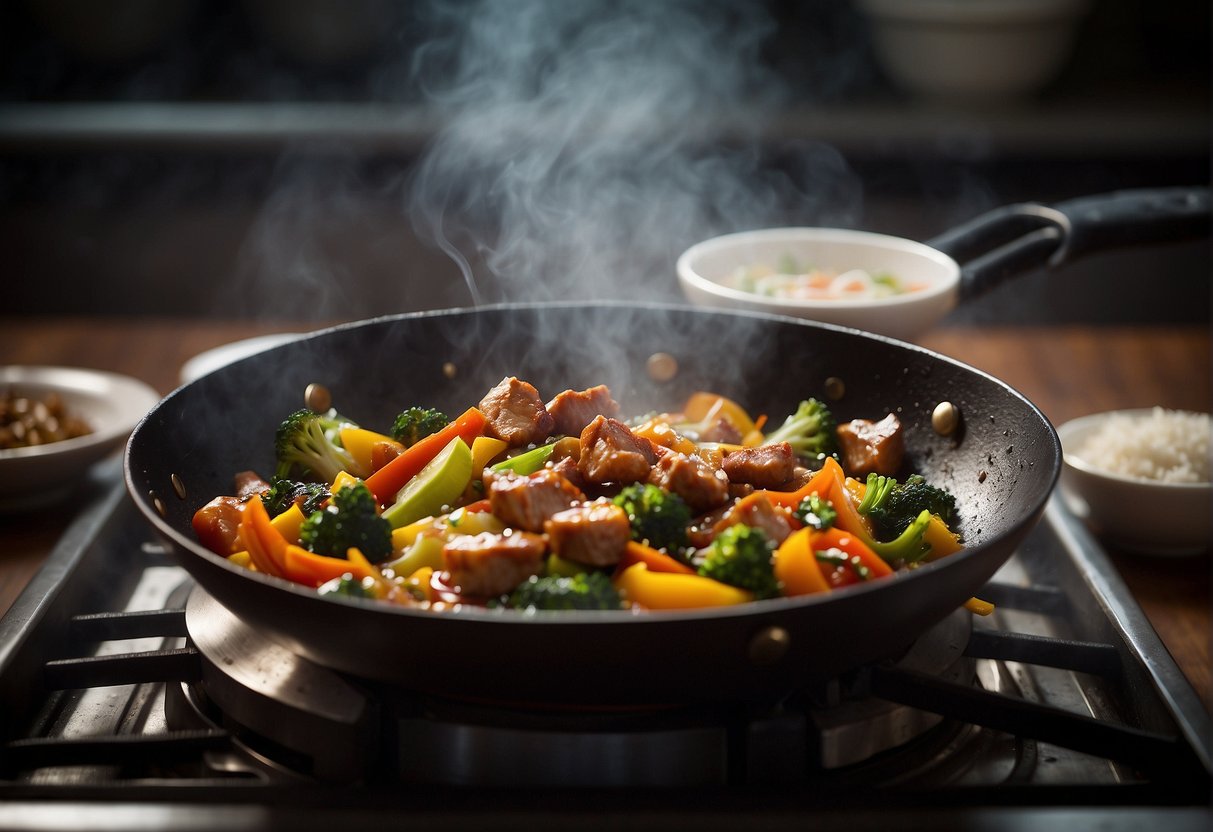 A wok sizzles with stir-fried veggies and meats. Steam rises as sauces are drizzled over the sizzling ingredients. Chopsticks rest nearby