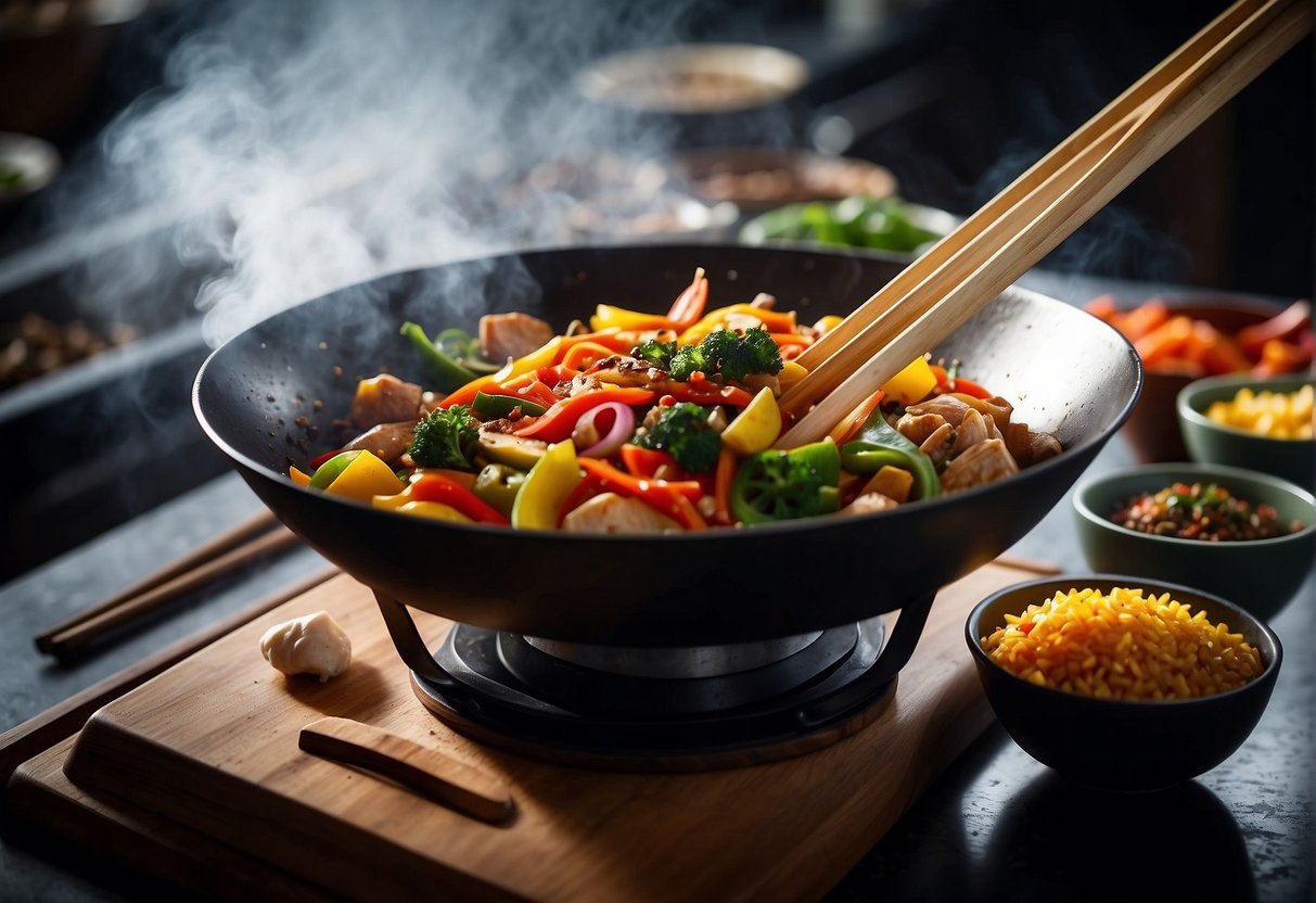 A sizzling wok with colorful stir-fry ingredients, steam rising, chopsticks nearby, and a vibrant array of spices and sauces