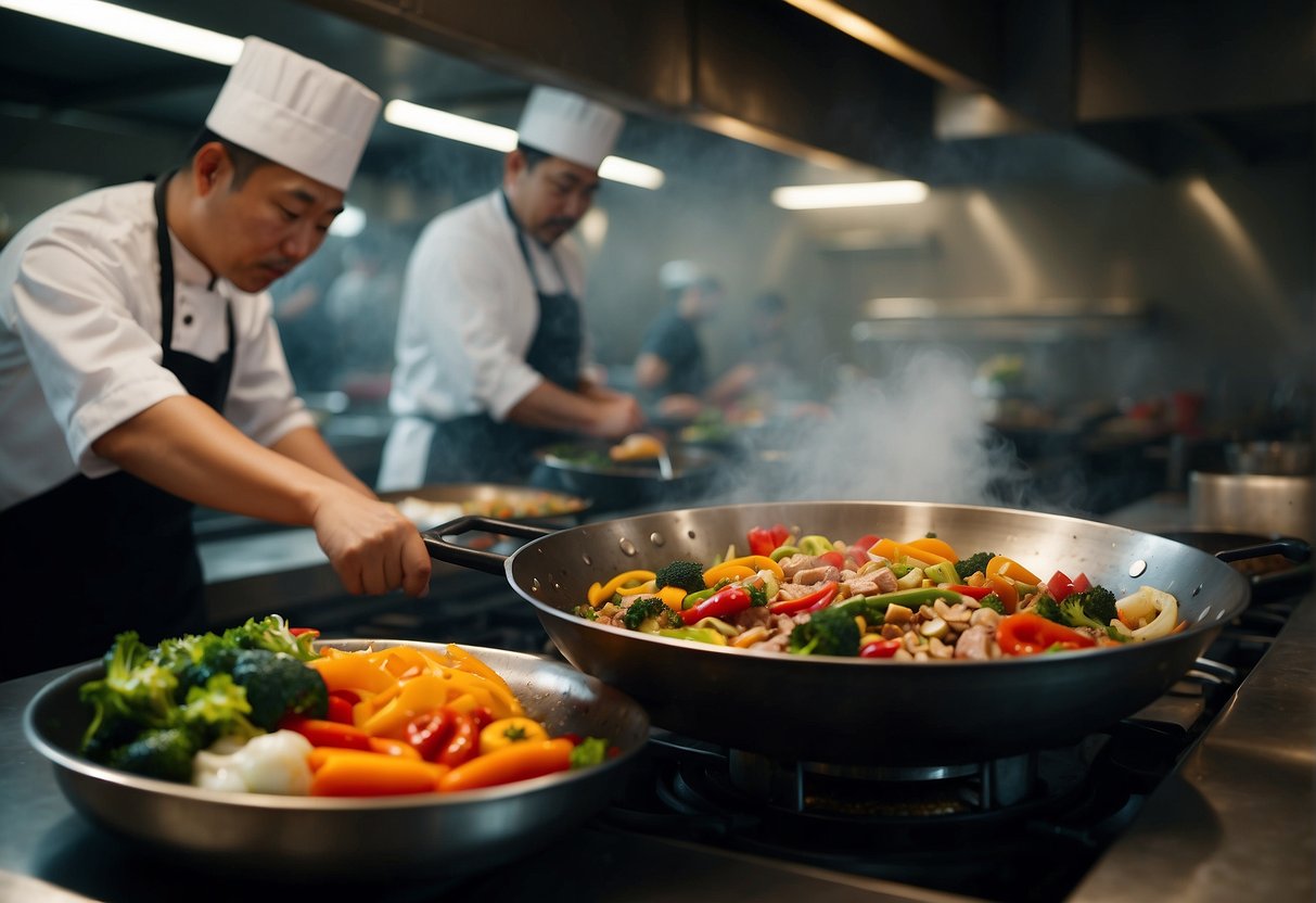A sizzling wok tosses colorful veggies and meats in a bustling kitchen, steam rising as chefs expertly prepare fast Chinese recipes