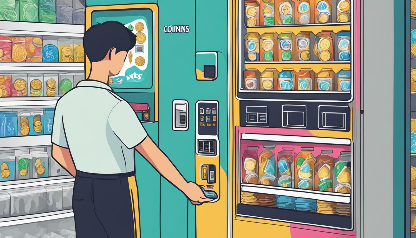 A person inserting coins into a vending machine in Singapore