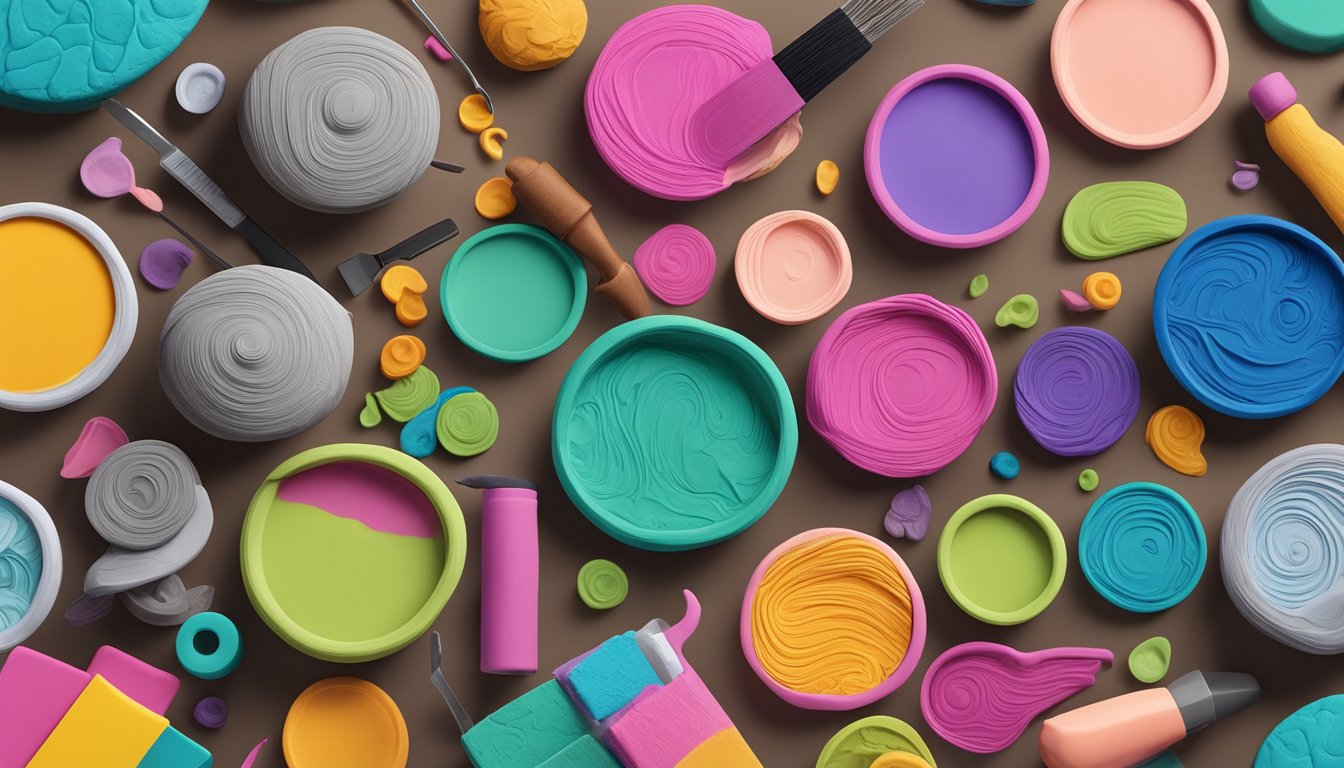 Various polymer clay brands are being mixed together on a clean, flat surface. The vibrant colors of the clay are being blended together with a small tool, creating a visually interesting scene for an illustrator to recreate