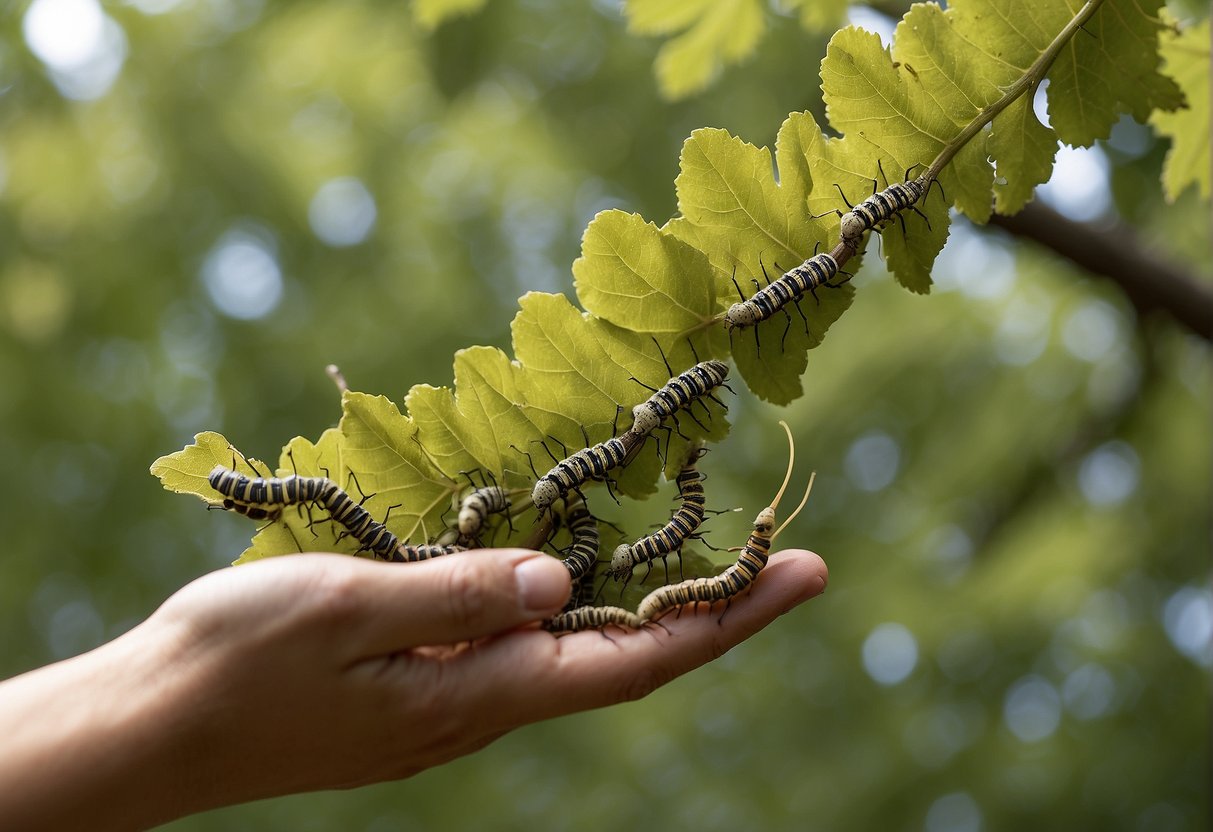 Oak tree caterpillars being removed by hand from leaves and branches. Spraying insecticide or introducing natural predators