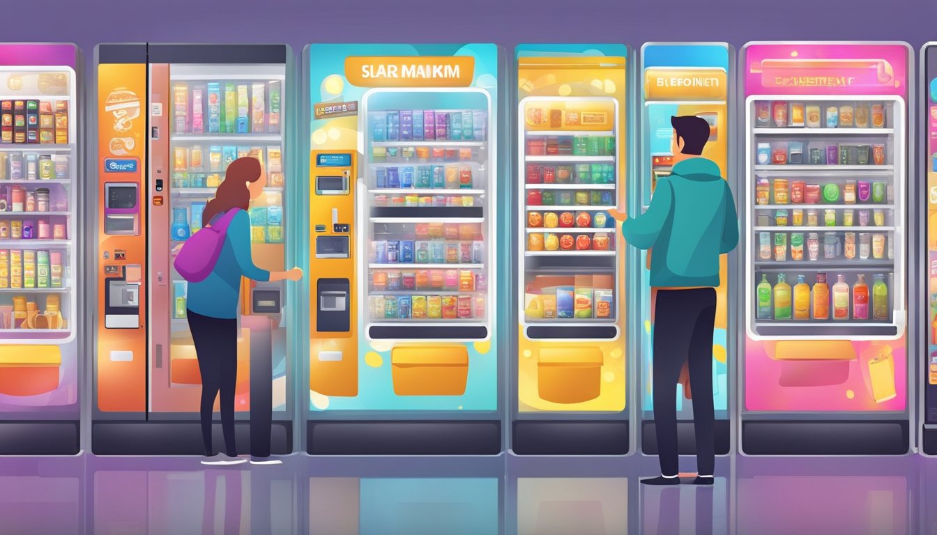 Customers selecting products from a vending machine. The machine's bright lights and variety of items on display. A user-friendly interface with clear instructions