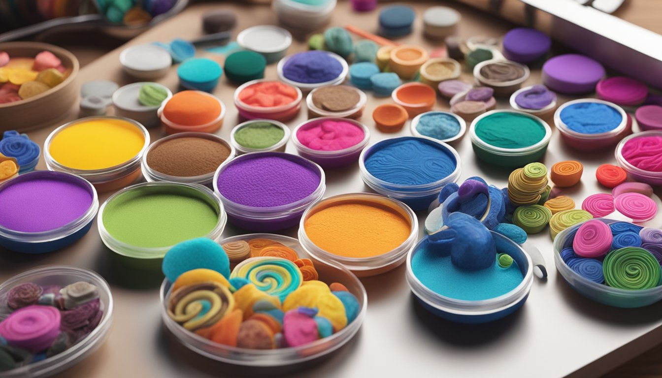A table with various polymer clay brands open and being mixed together with a blending tool