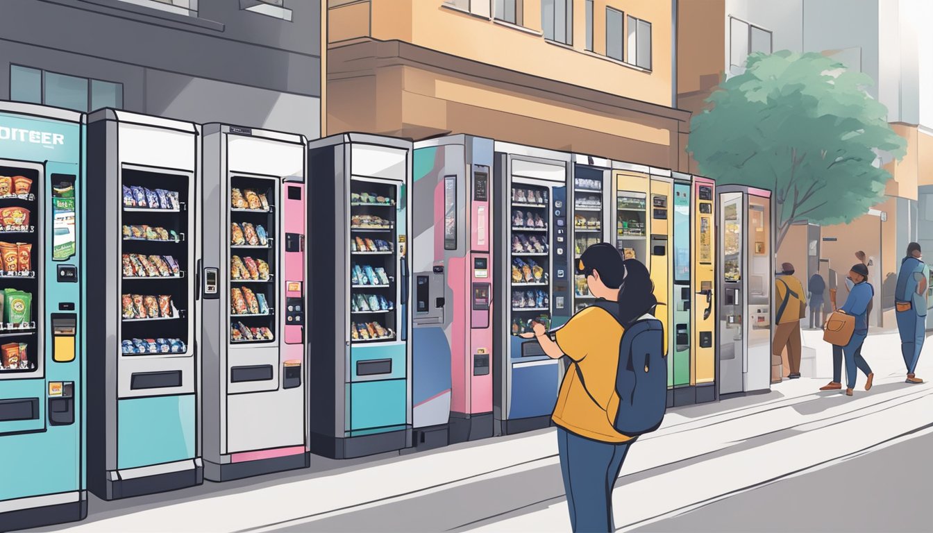 A person sets up vending machines in a busy commercial area, stocking them with snacks and drinks. The machines are placed strategically for maximum visibility and accessibility