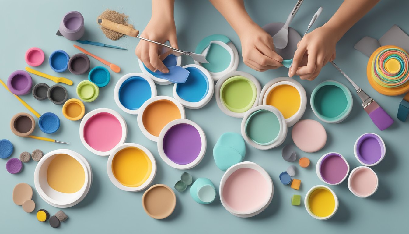 Various polymer clay brands are arranged on a clean work surface. A pair of hands are shown mixing and blending the different colors and textures using various tools and techniques
