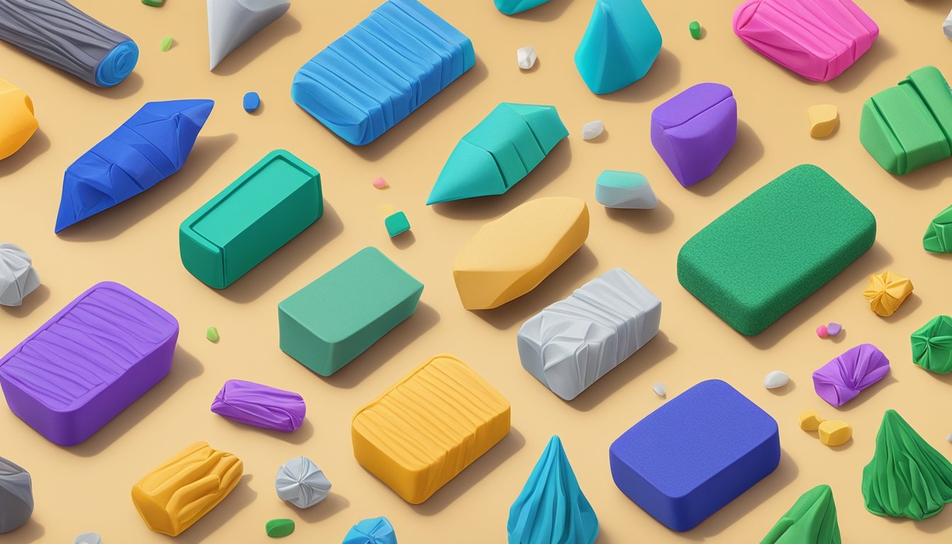 Polymer clay packages scattered on a work surface. Different brands labeled with vibrant colors and logos. A handout with FAQ questions and answers placed nearby