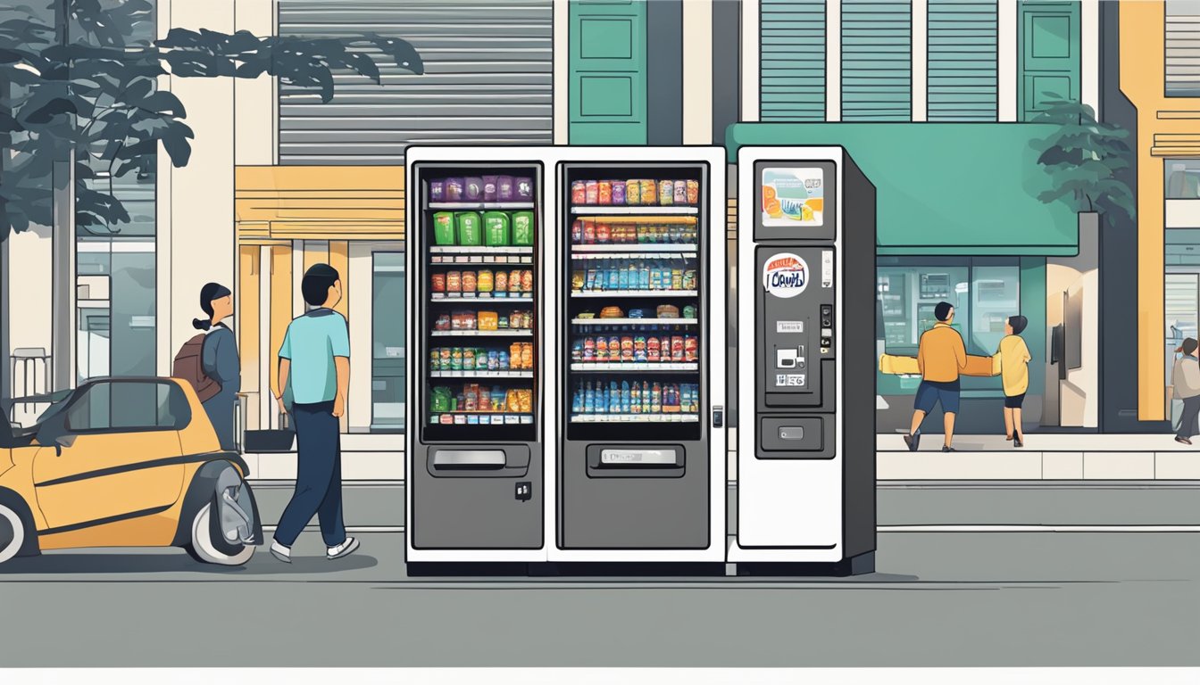 A vending machine in a busy Singapore location, with a clear "Frequently Asked Questions" sign displayed prominently on the front