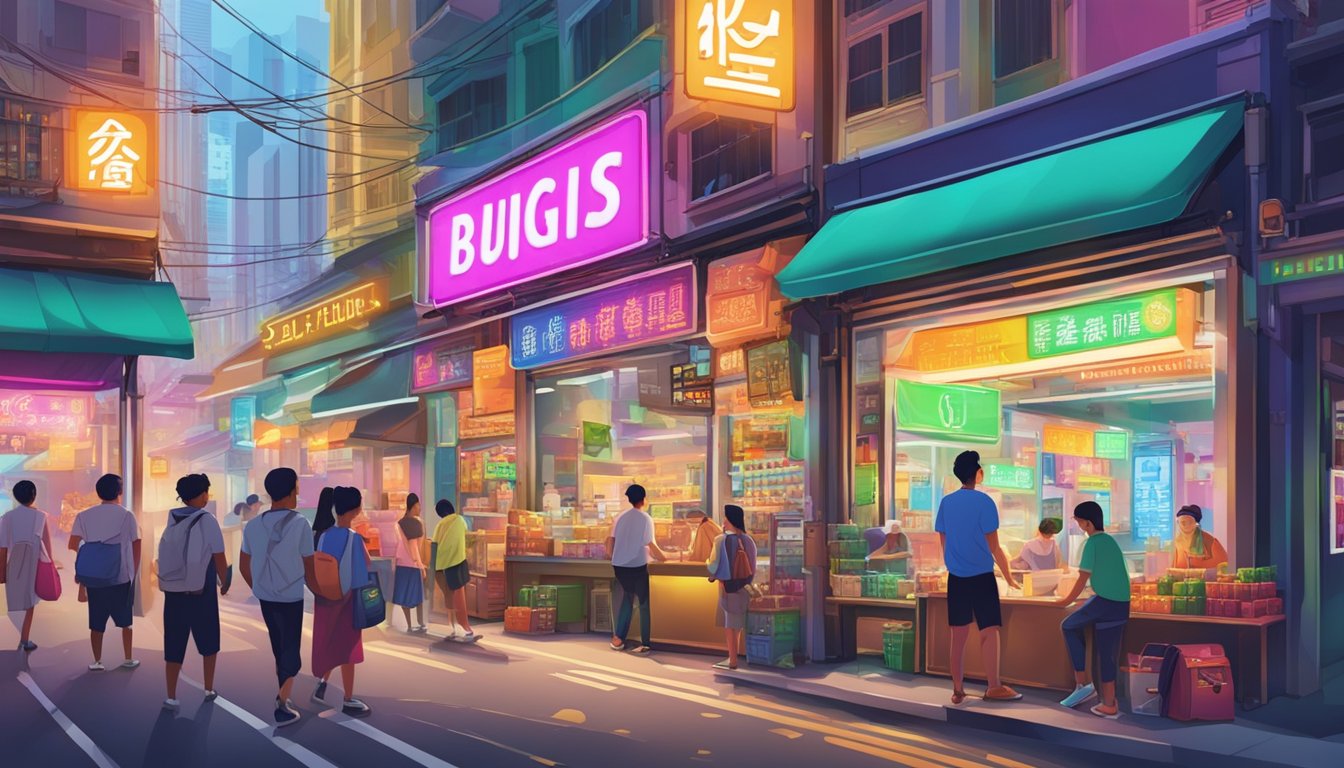 Bugis Cube money lender, with bright neon sign, surrounded by bustling street vendors and colorful storefronts in Singapore