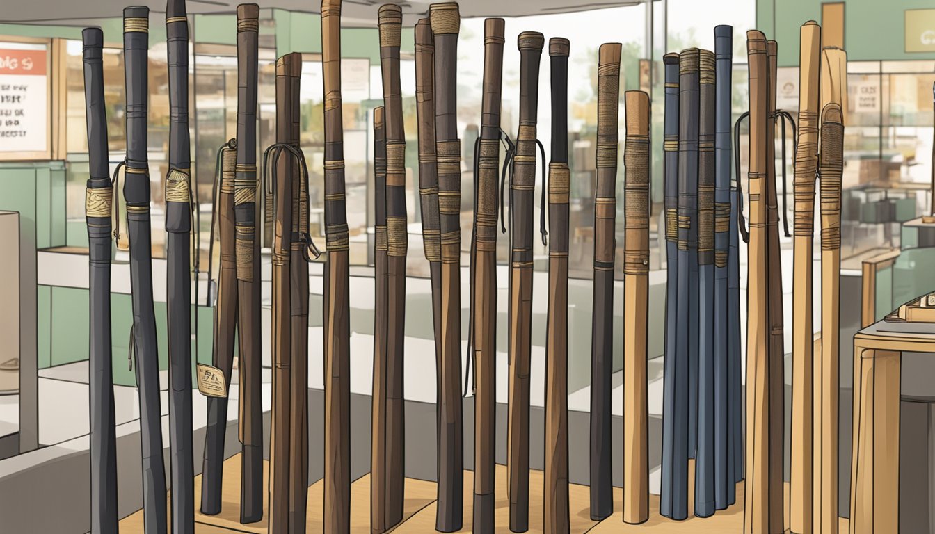 A display of walking sticks in a Singapore store, with price tags and signage indicating "Frequently Asked Questions."