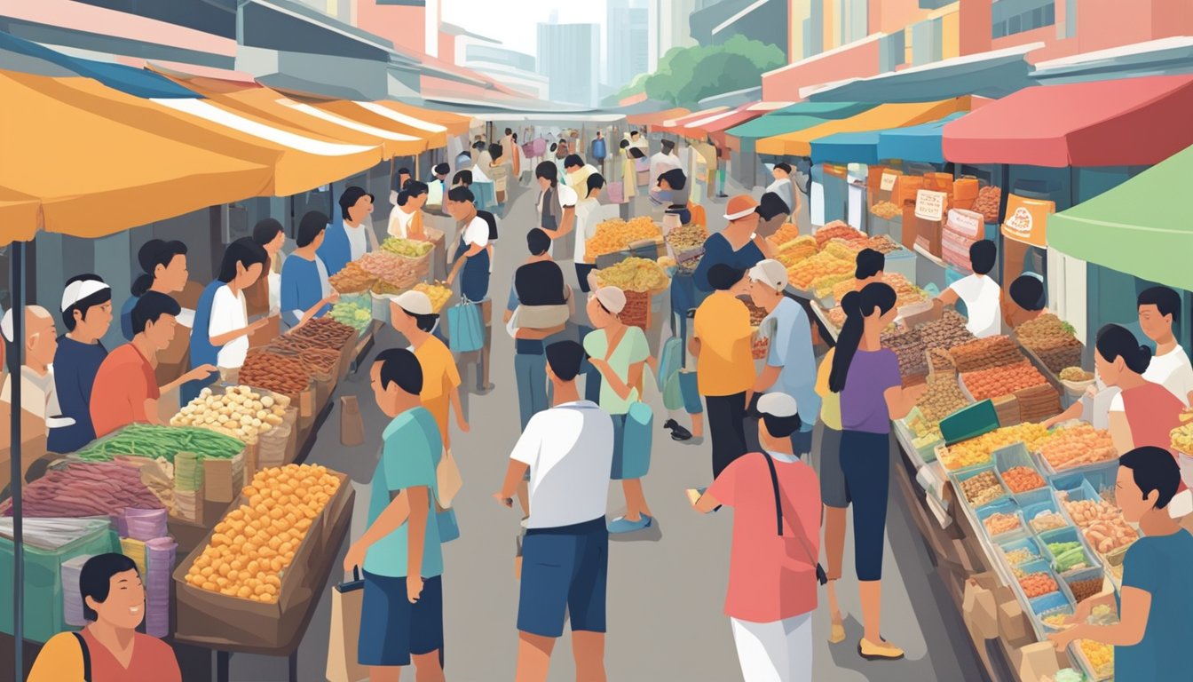 People in Singapore purchasing snacks from a variety of vendors at a bustling market