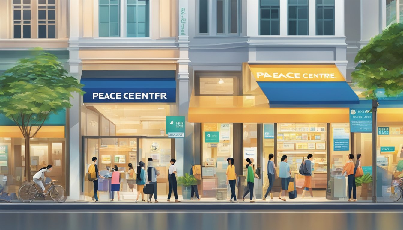 The Peace Centre money lender in Singapore bustles with customers and transactions. The bright signage and busy atmosphere convey a sense of financial activity