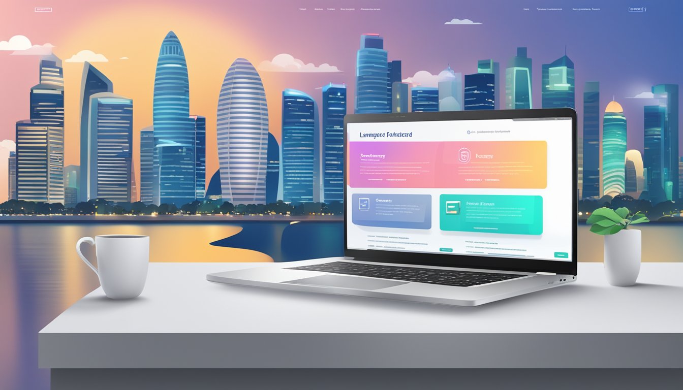A laptop displaying a sleek and professional money lender website template, with clean and modern design elements, set against the backdrop of the Singapore skyline