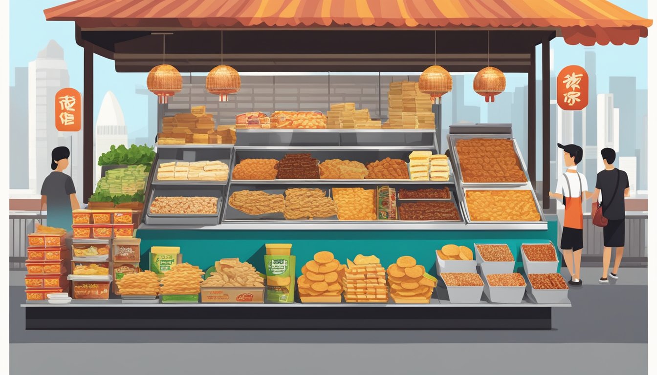 A colorful array of iconic Singaporean snacks, including kaya toast, bak kwa, and chili crab chips, is displayed on a hawker stall
