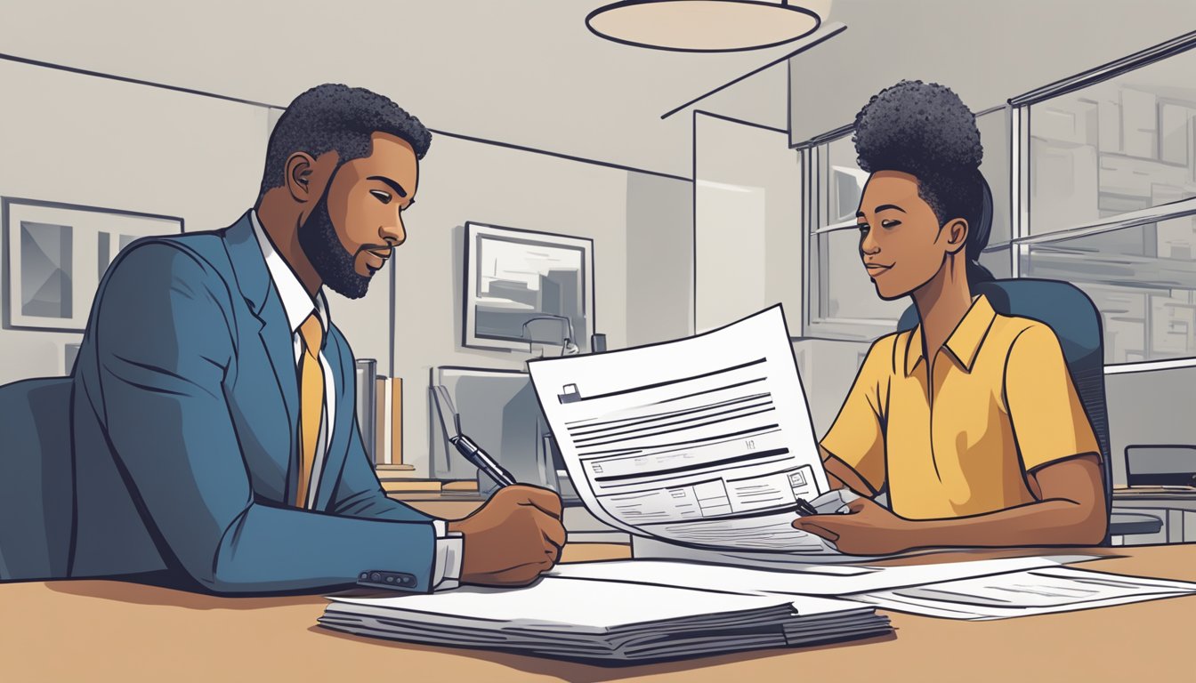 A person sits at a desk filling out a loan application form while a lender reviews the documents. The lender is holding a pen and appears to be explaining the process to the borrower