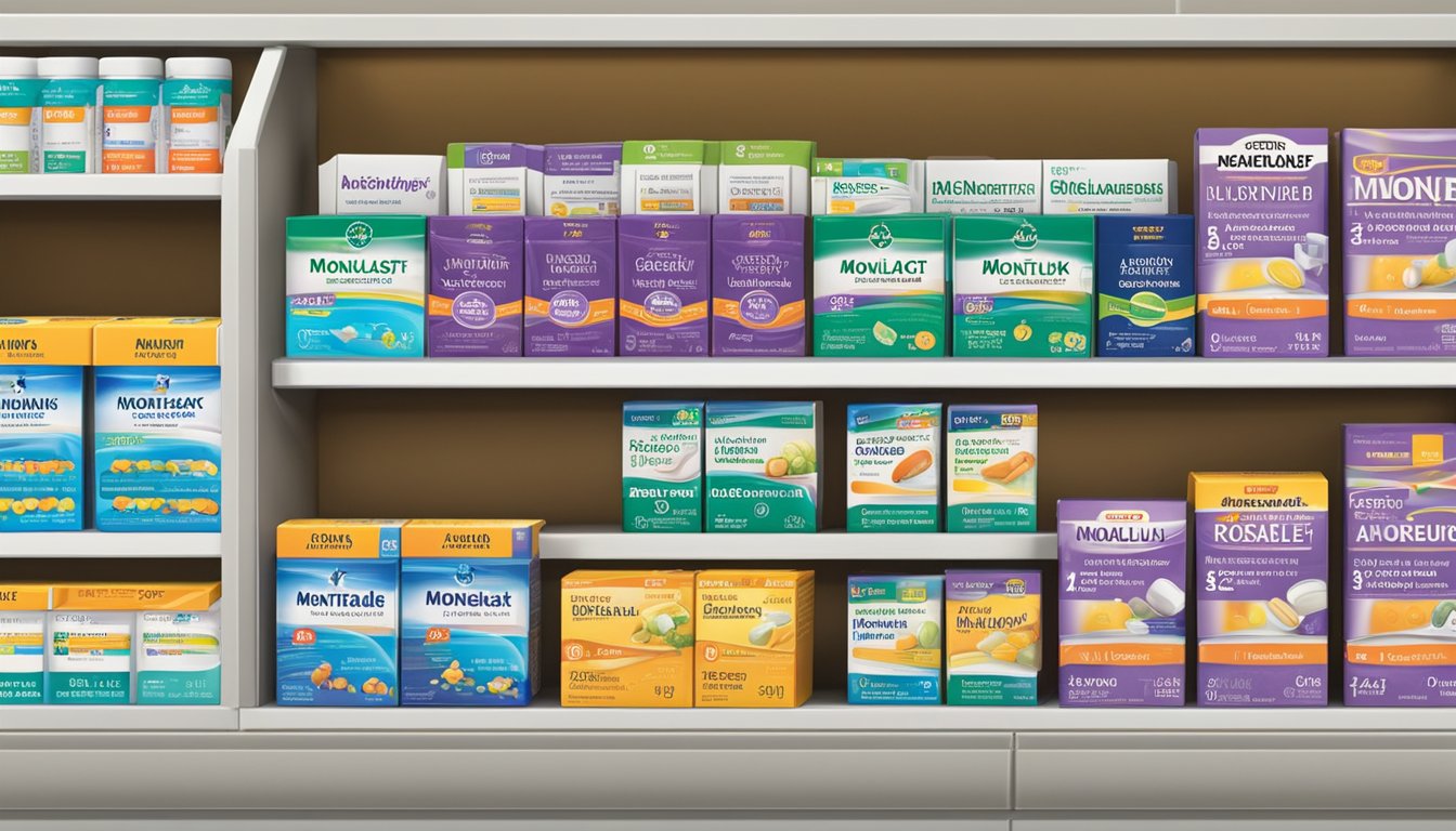 A box of montelukast fexofenadine combo brands on a pharmacy shelf