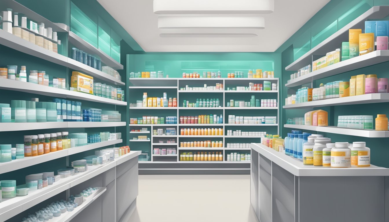 A serene, modern pharmacy with shelves stocked with montelukast fexofenadine combination brands. Clean, organized, and professional atmosphere
